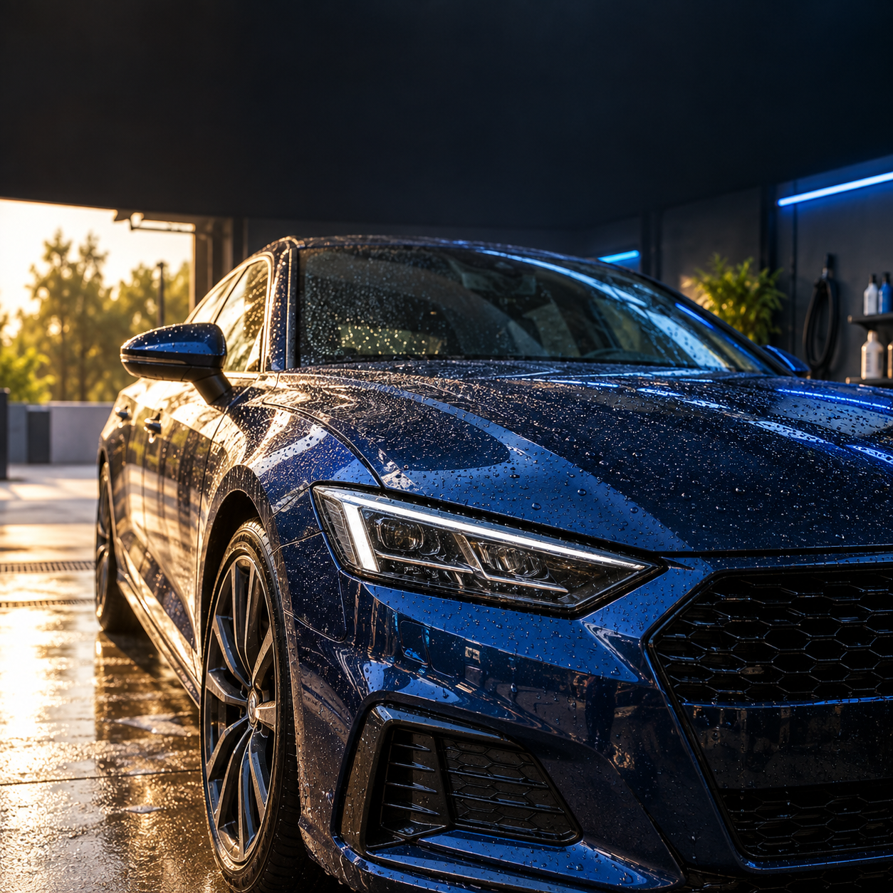 Imagem ilustrativa gerada de um carro azul em uma área de cuidados automotivos