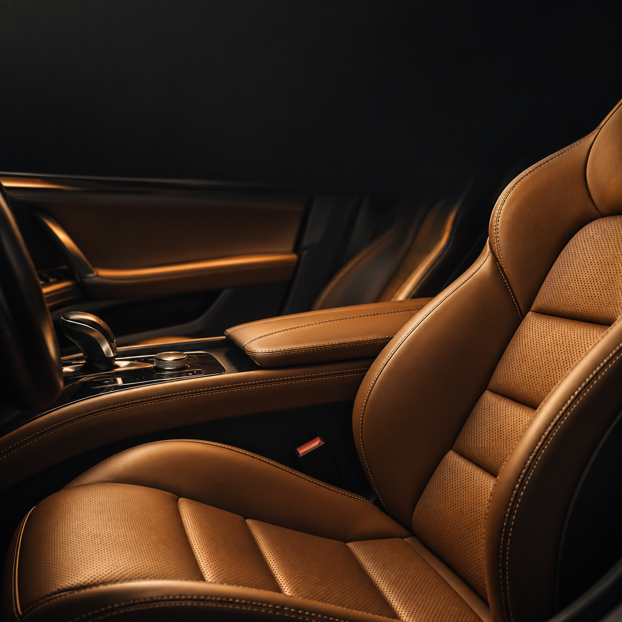Interior automotivo com bancos de couro caramelo, imagem ilustrativa